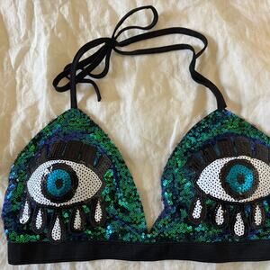 Rave wonderland evil eye bikini rave top bra L/XL blue green sequin